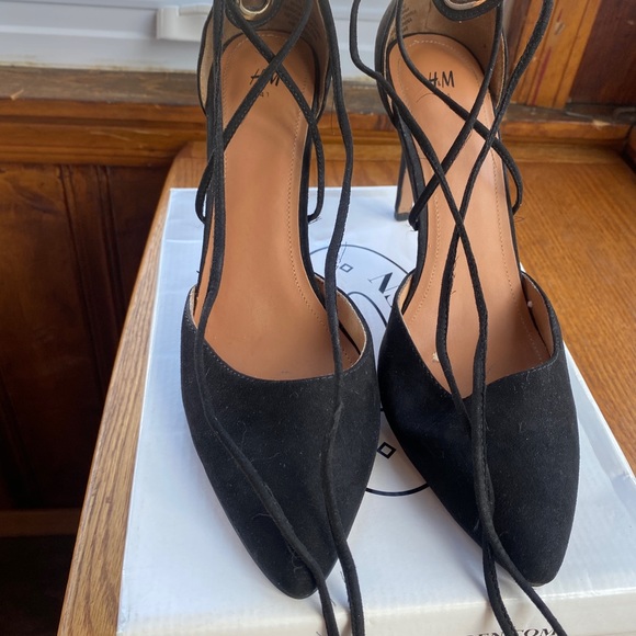 Black Suede Lace up Heels - Picture 2 of 7